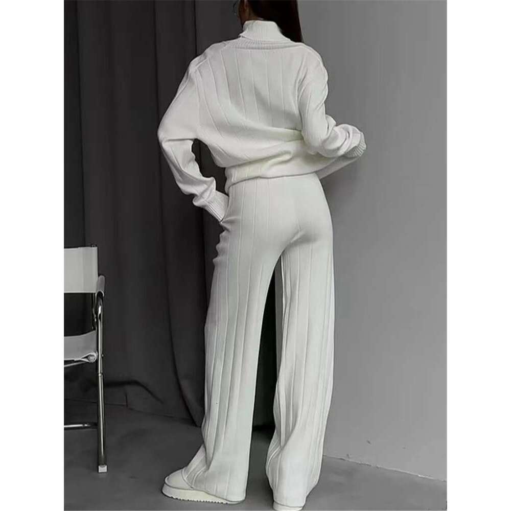 REALEFT Autumn Winter 2 Pieces White Women's Sets Knitted Tracksuit Turtleneck Sweater And Straight Jogging Pant Suits 2023 New