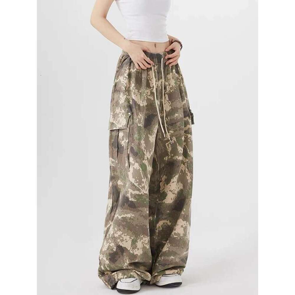 Zoki Streetwear Camouflage Cargo Women High Waist Y2K Haruku Wide Leg Trousers Vintage American Pockets Lace Up Pants