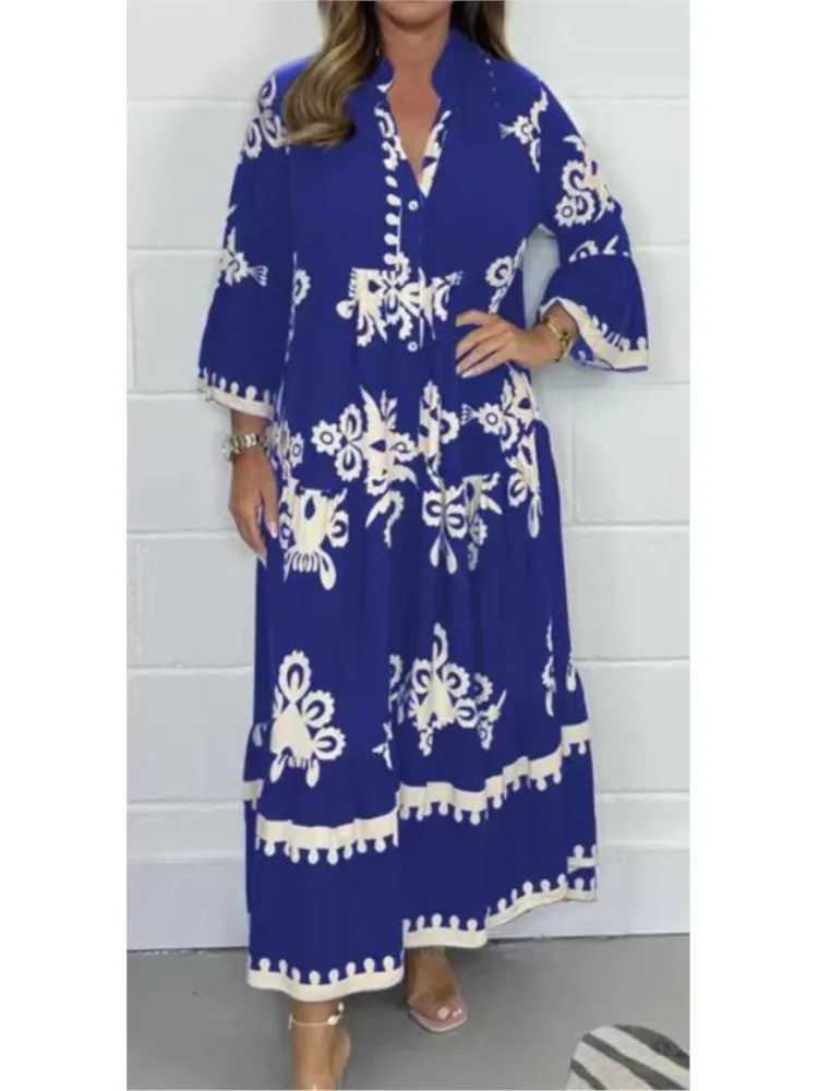 Womens Printed Loose Ethnic Retro Dress Spring Autumn V Neck Button A-Line Long Dress Summer 3/4 Sleeve Bohemian Maxi DressesXJ250514