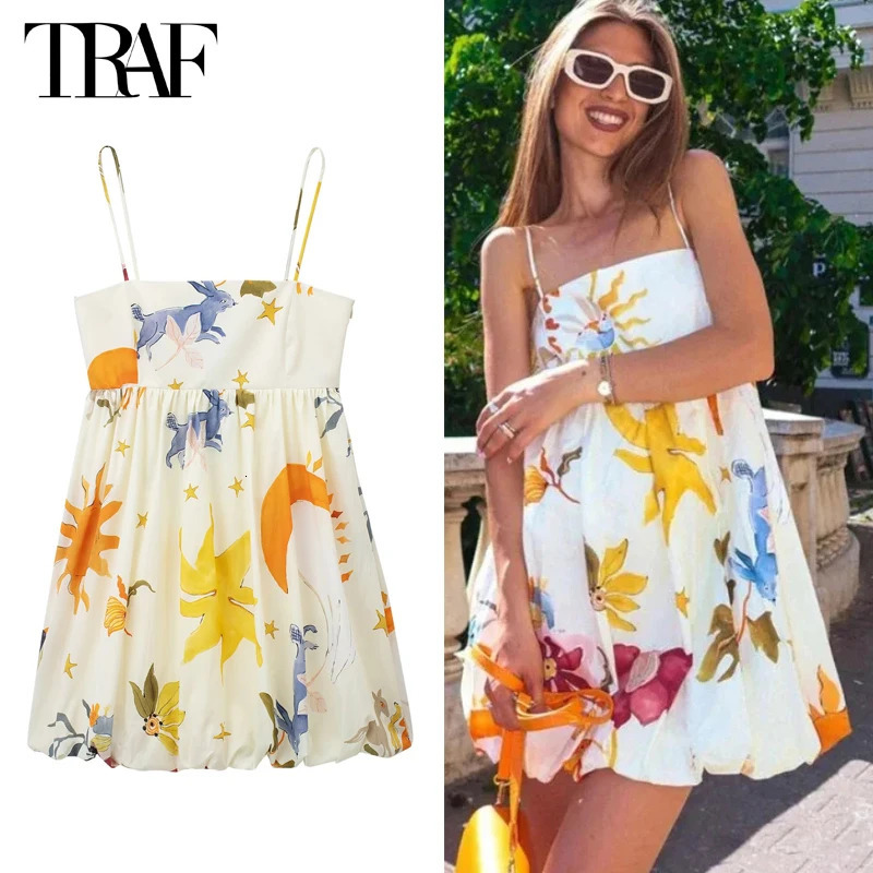 TRAF Print Slip Mini Dress Women Sleeveless Summer Woman Ruched Sundress Vestidos Backless Short Dresses for 250514