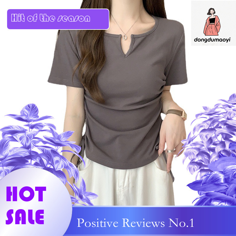 dongdumaoyi Design sense drawstring slim fit short sleeved T-shirt with exposed waist and spicy style women's clothing 2025 summer new sweet shou