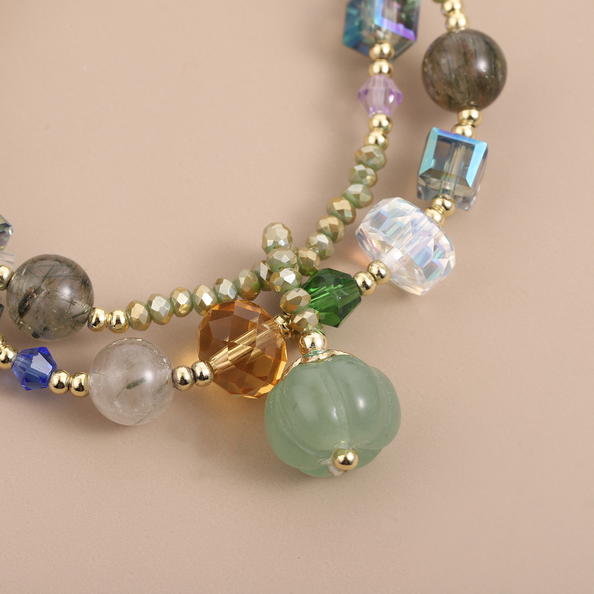 Natural countryside style green color hair bracelet, women's personality simple pumpkin pendant, square sugar crystal double circle jewelry