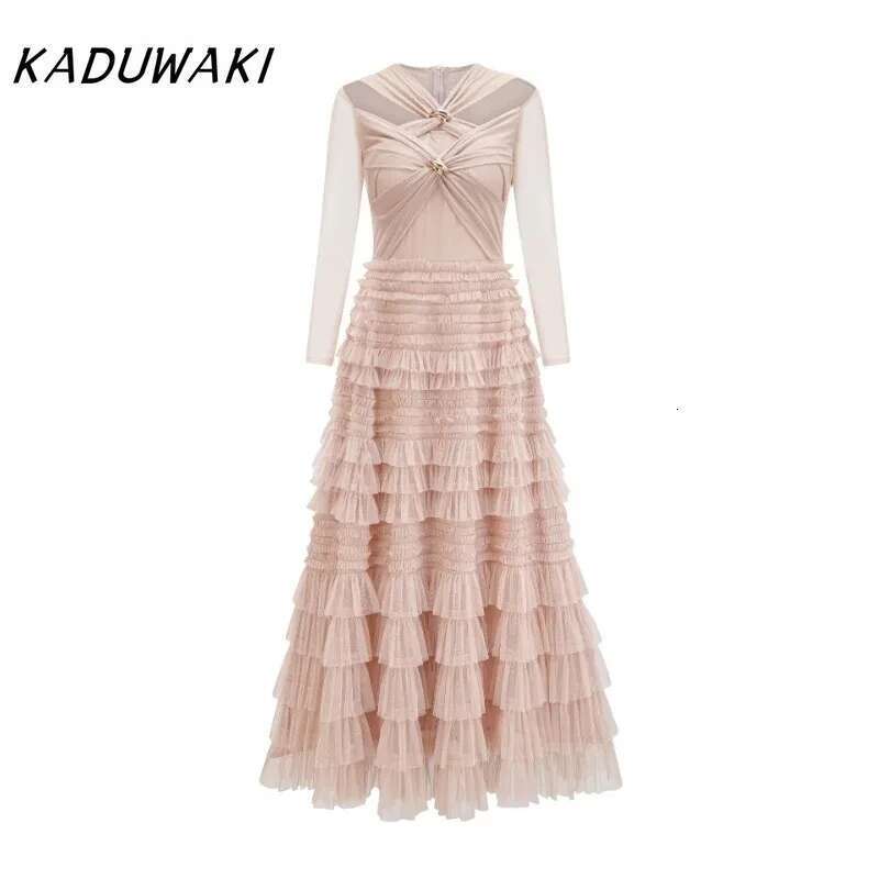 KADUWAKI Fall And Winter Fashion V-Neck Long-Sleeved Crossover Robe Temperament Elegant Slim Pleated Resort A-Line Bodycon Dress