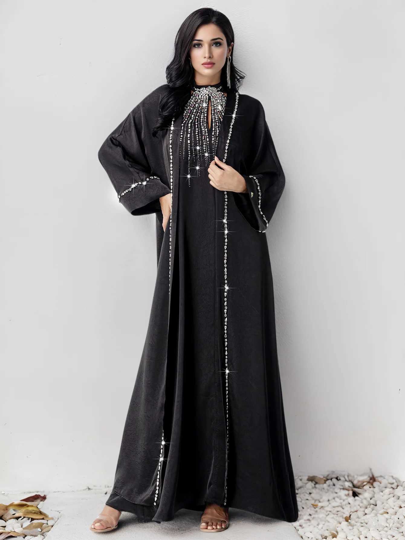 2Pcs Luxury Dubai Abaya Muslim Sets for Women Diamonds Evening Party Dress Kimono Jalabiya Wedding Gown Ka Ramadan Caftan X250514