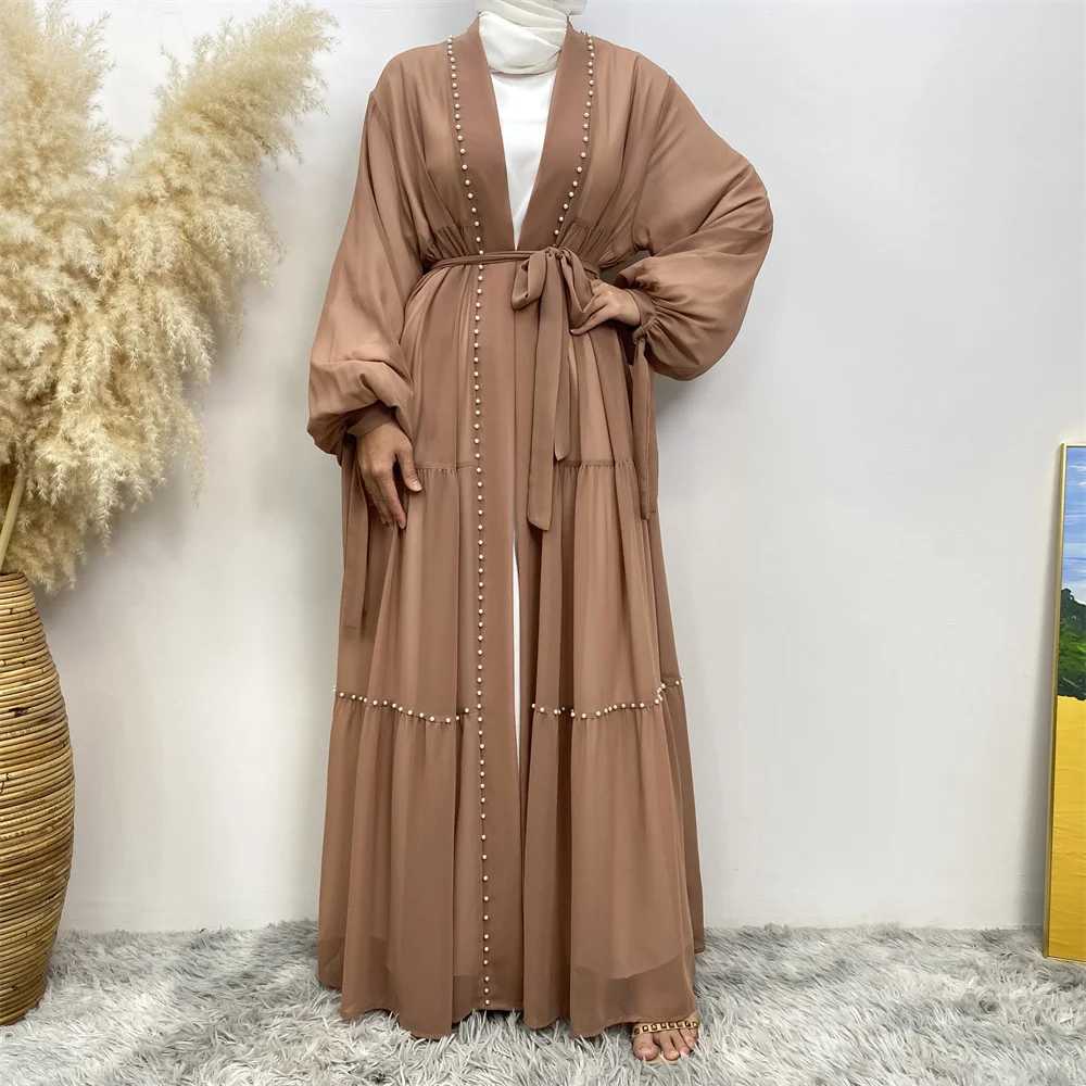 New Modest Abaya Muslim Women Fashion Elegant Net Color Beaded Muslim lace-up chiffon Cardigan Robe Middle East Turkey Arab Rama X250514
