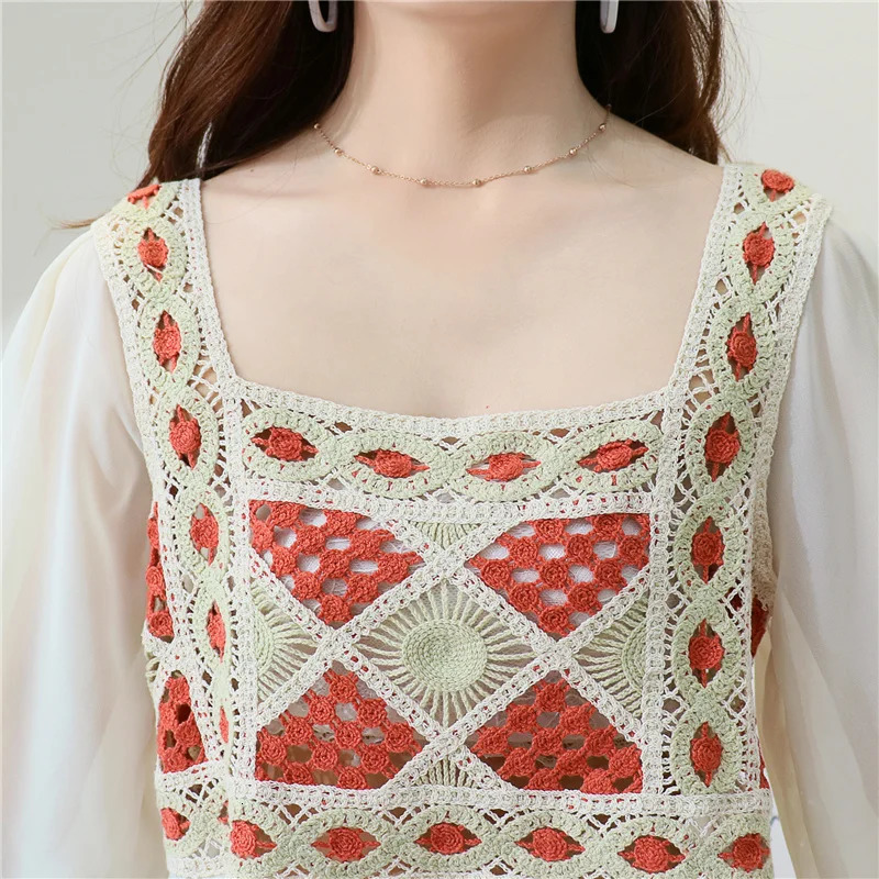 Women Blouse Crochet Knit Square Neck Chiffon Sleeve Geo y Crop Tops Summer Teengirls Fairycore Cottagecore Outfit 250514