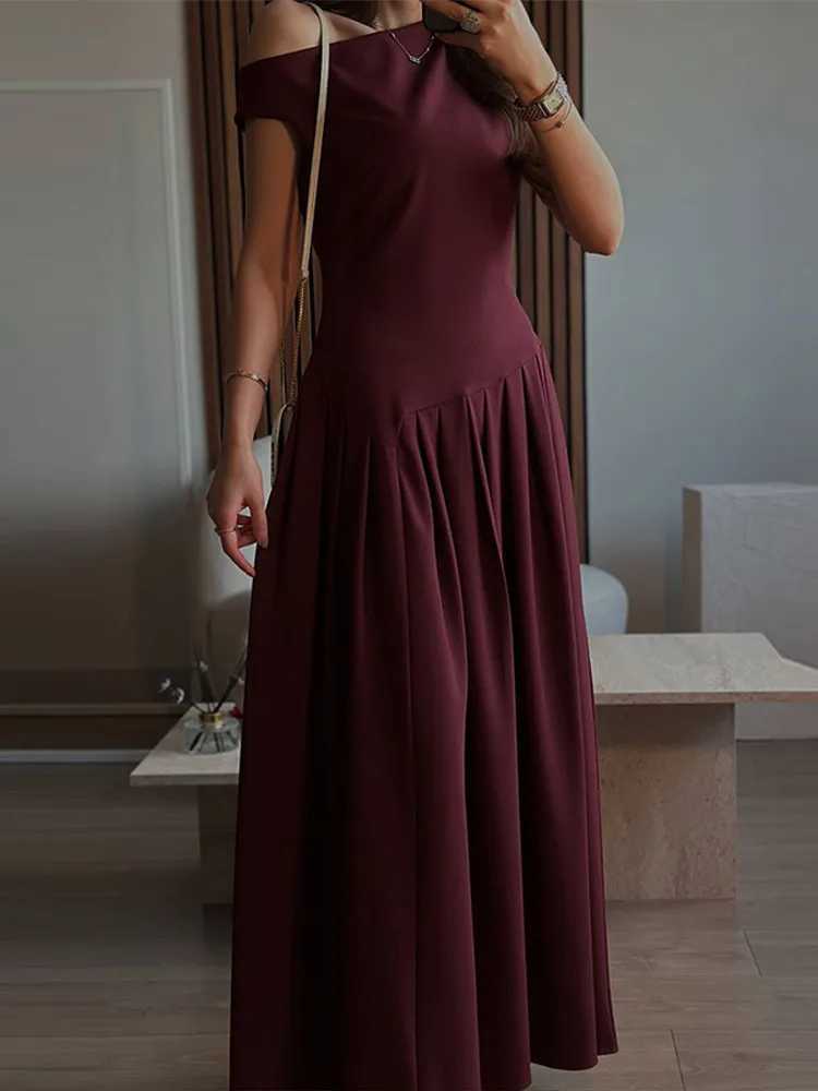 Elegant Long Dress Women Loose Skew Collar Sleeveless A Line Robe Female 2025 Spring Summer Solid Fashion High Waist Dress LadyXJ250514