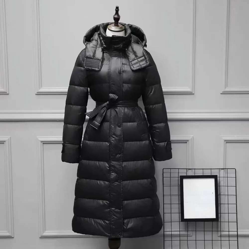 White Duck Jacket Women 2024 New Winter Long Hooded Warm Belt Slim Down Coat Female Korean Office Lady Casual Fashion