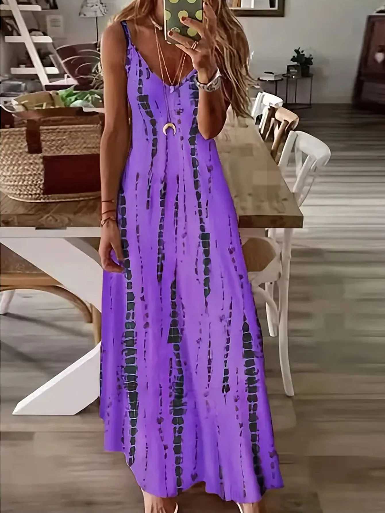 Womens Casual Loose V-neck Tie Dye Printed Spaghetti Maxi Dress Summer Beach Vacation Long DressXJ250514
