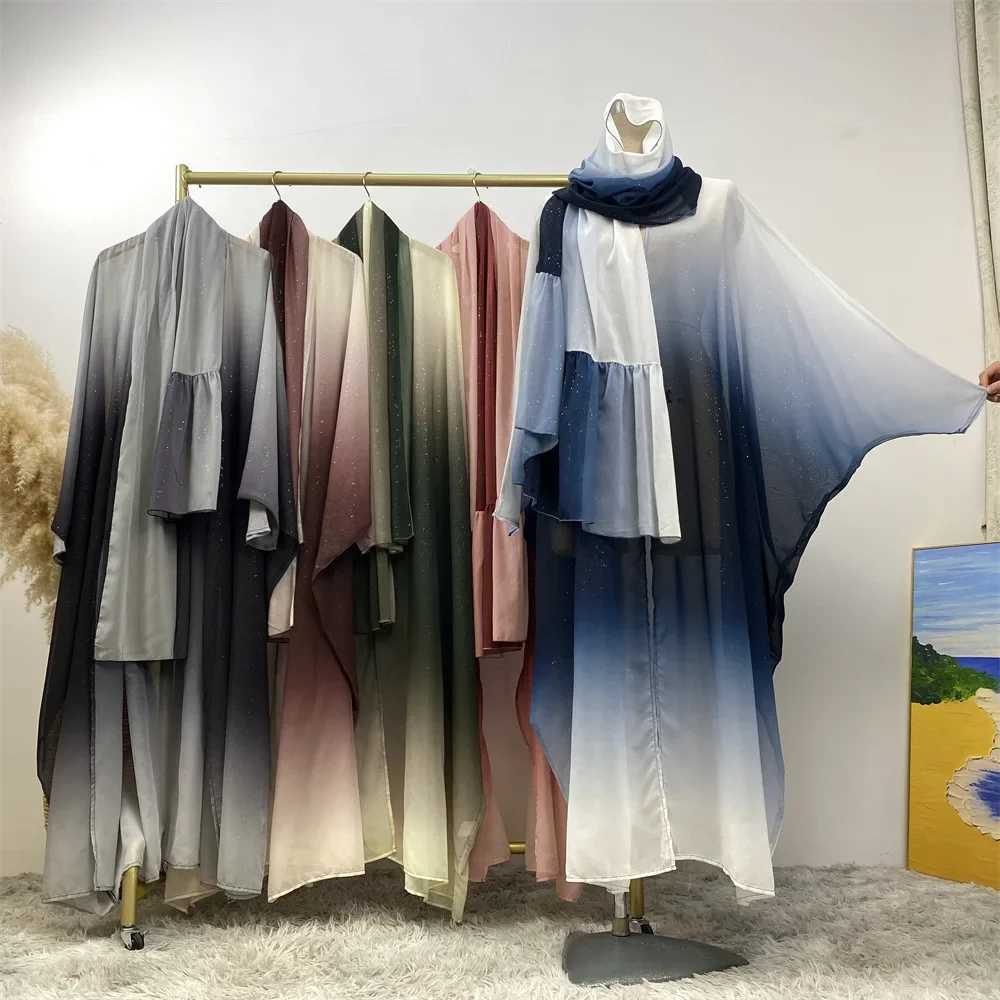 Dubai Luxury Shiny Gradient Color Abaya Open Kimono Muslim Dresses with Scarf Chiffon Modest Robe Khimar Islamic Ka Caftan X250514