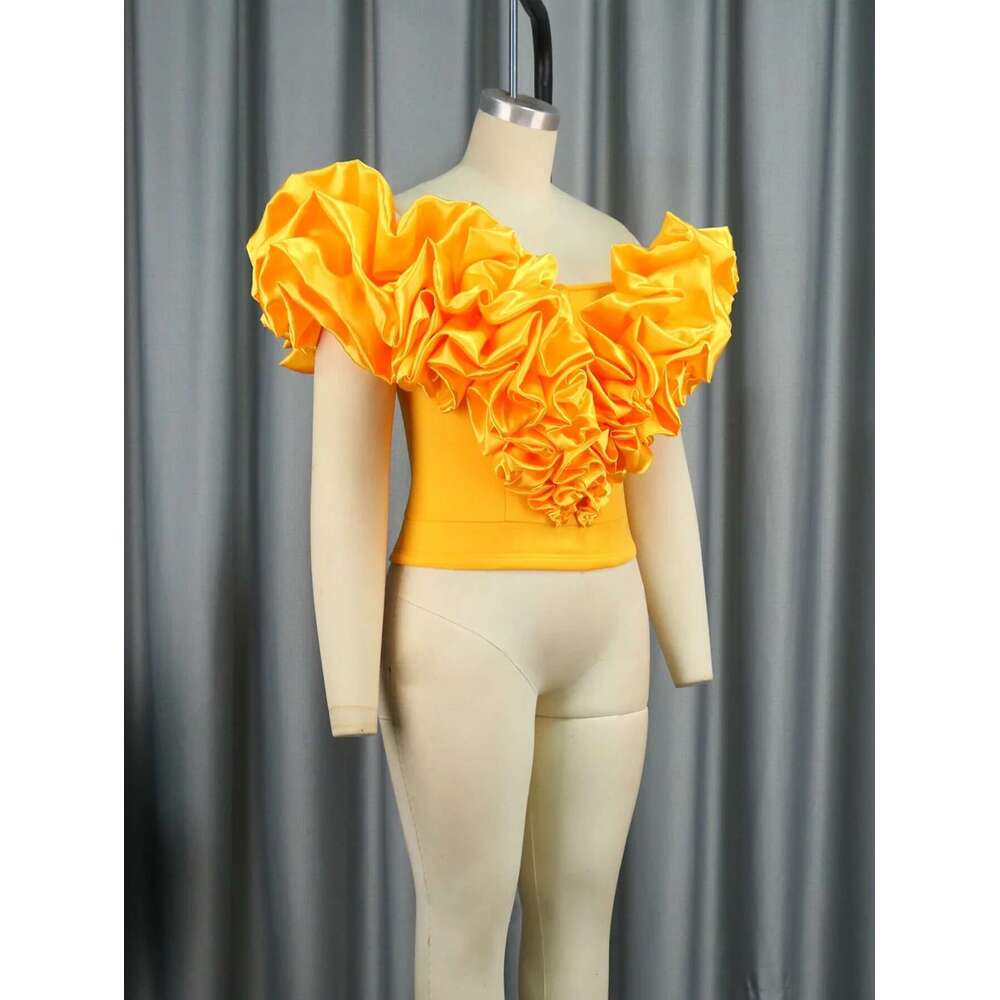 Trendy Yellow Ruffle Off Shoulder Mini Blouse Elegant Stylish African Female Top Party Date Out Ocn Fashion Plus Size