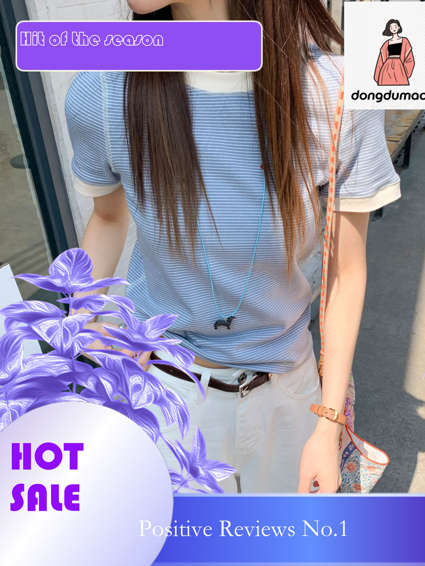 dongdumaoyi Spring and summer new collar color blocked T-shirt for women, high elasticity slim fit round neck short sleeved striped knitted sweater to