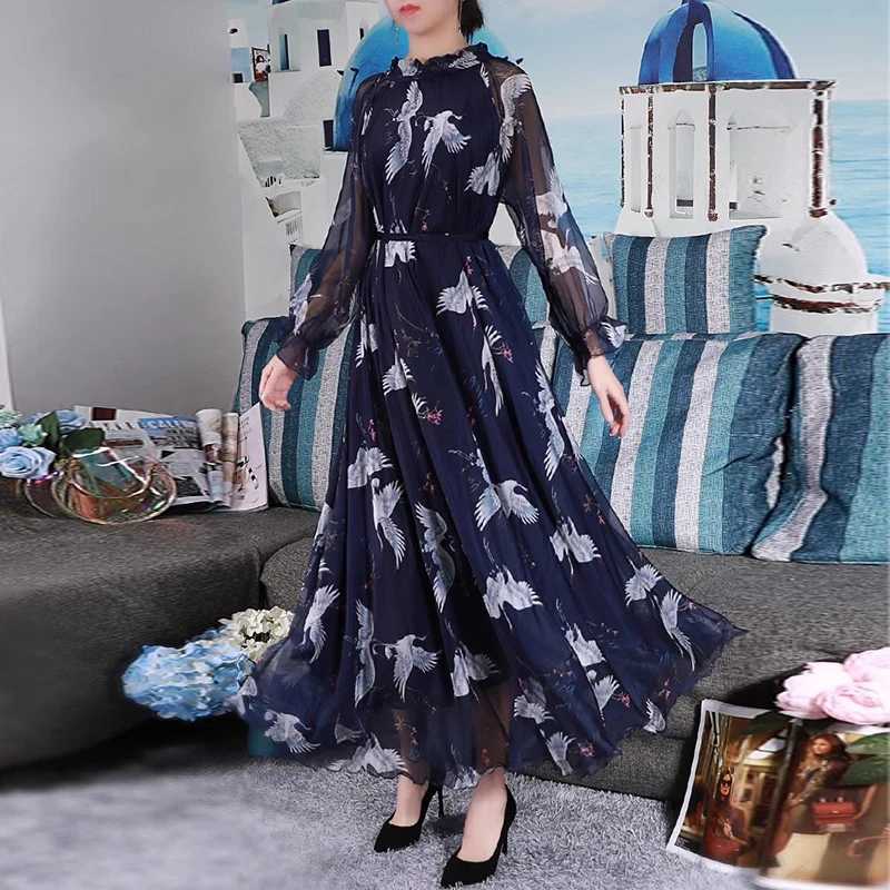 2024 Boho Floral Print Summer Dress Women Vestidos Elegant Fashion Loose Chiffon Long Slve Muslim Abaya Islamic Clothing Robe X250514
