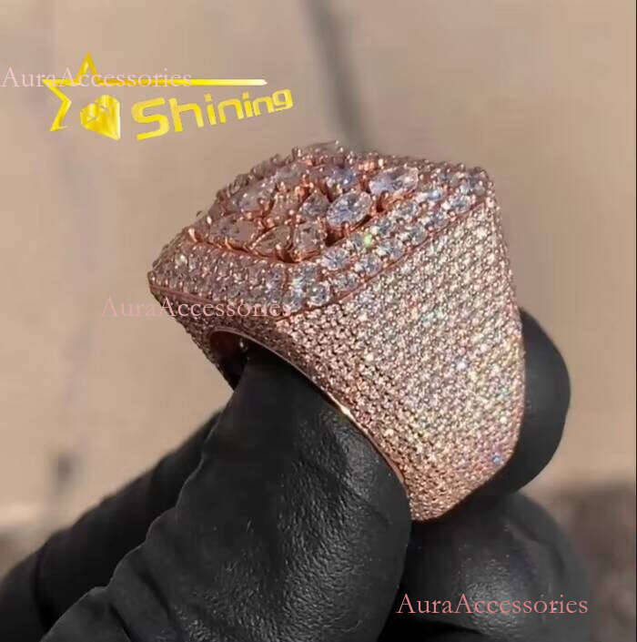Hip Hop Sterling Sier Rose Gold Plated Iced Out Fancy Cut Buss Down Thick VVS Moissanite Dia Ring Men