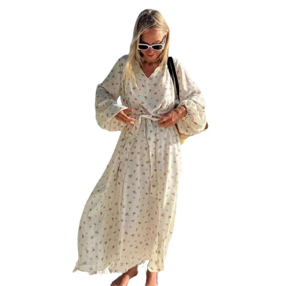 Women's Wear Chiffon New V-Neck Long Loose Waistband Printed Dress