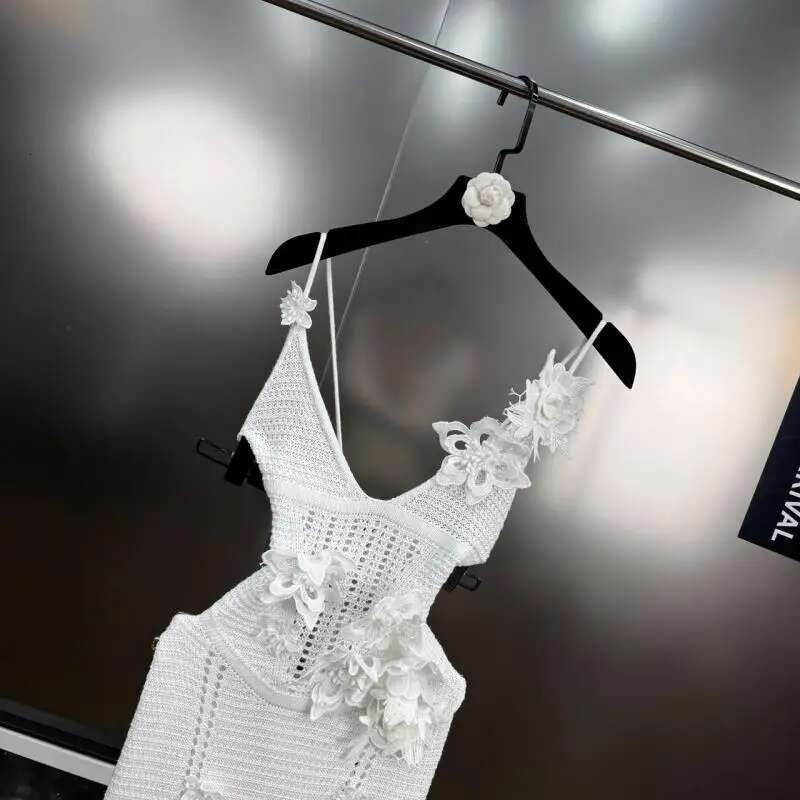Getspring Women Dress 2025 Spring Summer Retro Three Dimensional Flower Backless Hollow Out Sext Slim Long Beach Knitted Dresses