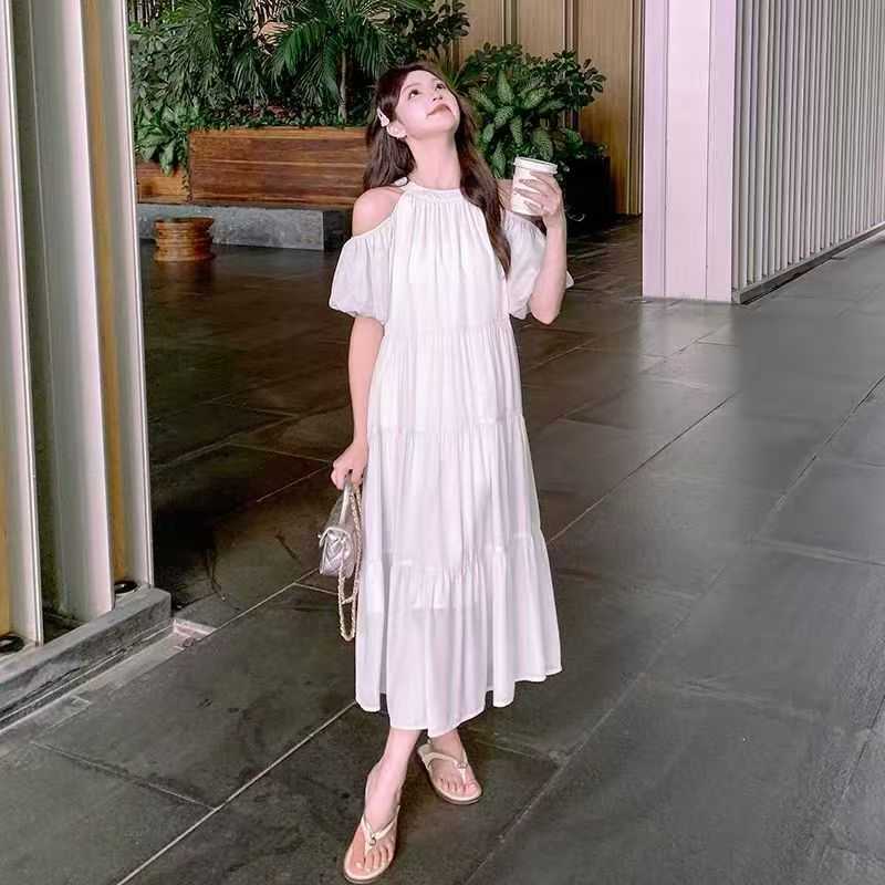 DA240 New Large Size White Skirt Women's Summer Loose Design Round Neck Dress Long Skirt