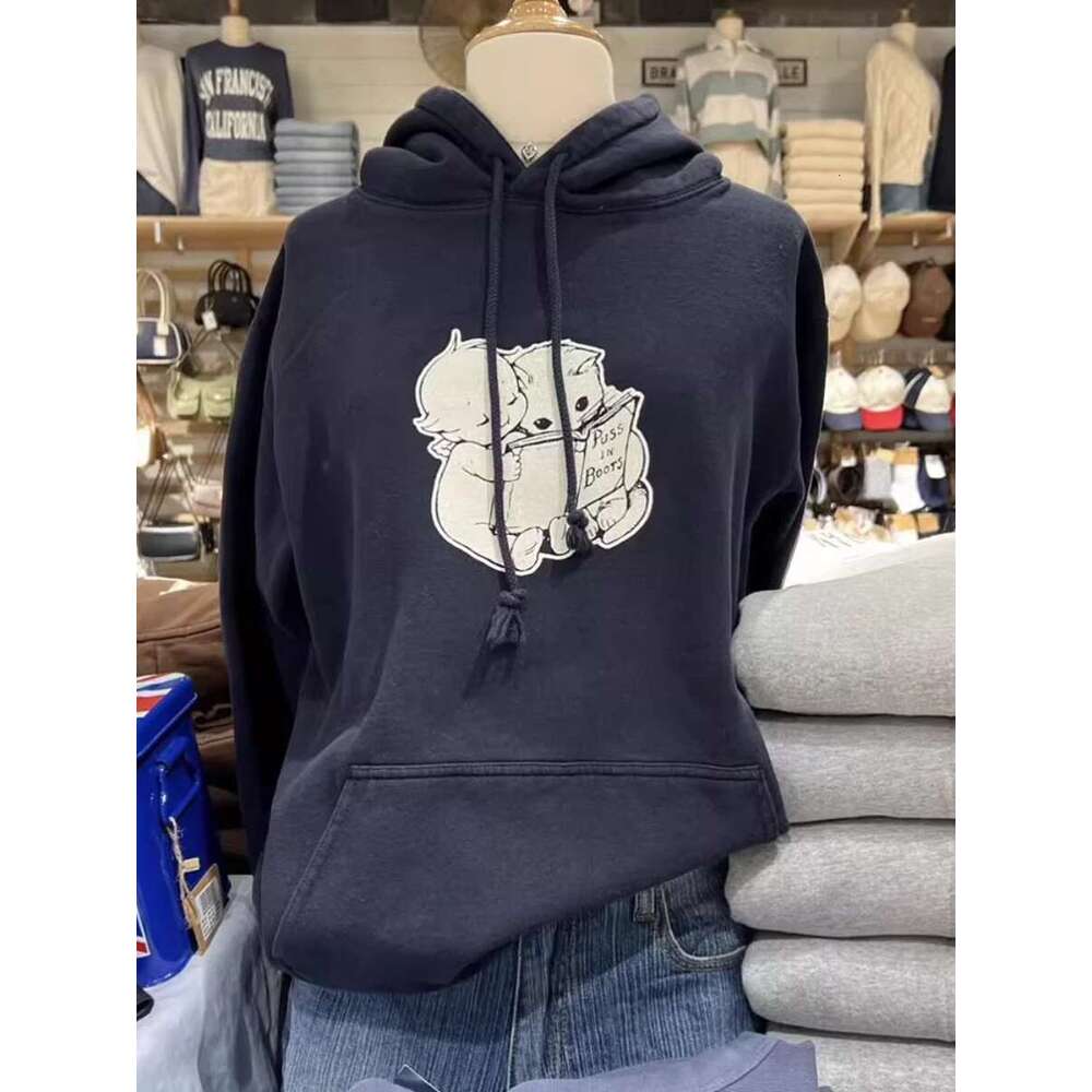 Angel Reading Book Hoodie Women Pockets Cartoon Print Cotton Long Sleeve Sweatshirts 2023 Autumn Preppy Style Hoodies Y2k Top Designer