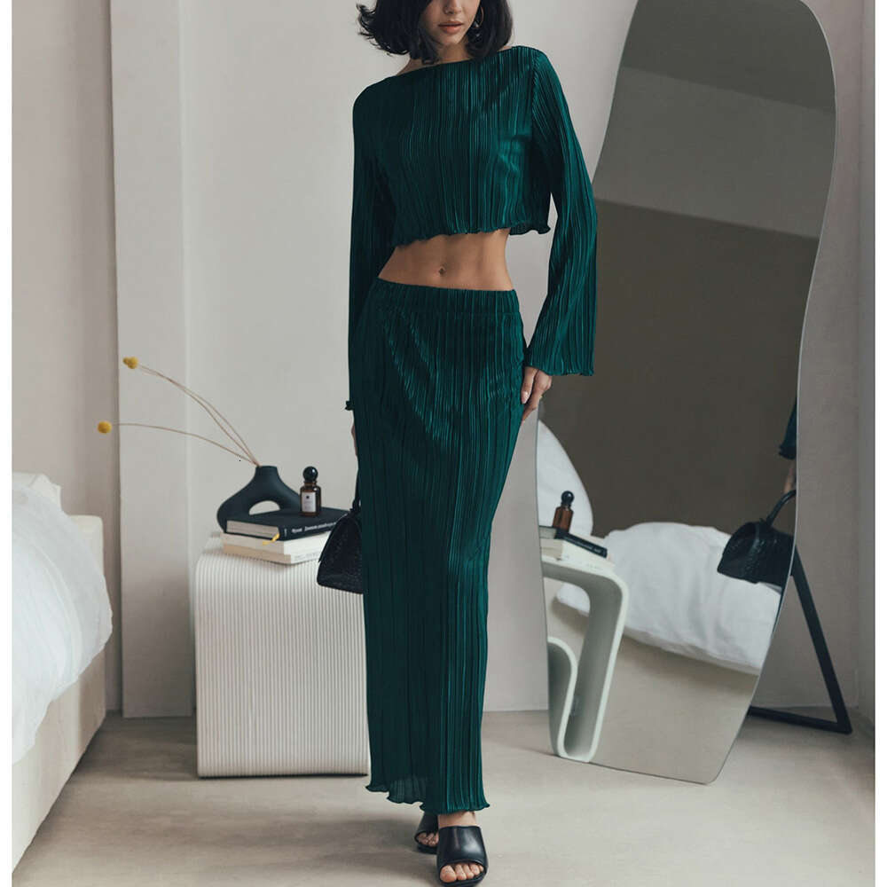 Women's Wear Women's Pleated For Spring/Summer With Flared Sleeves And Short Top+Mid Length Skirt Set