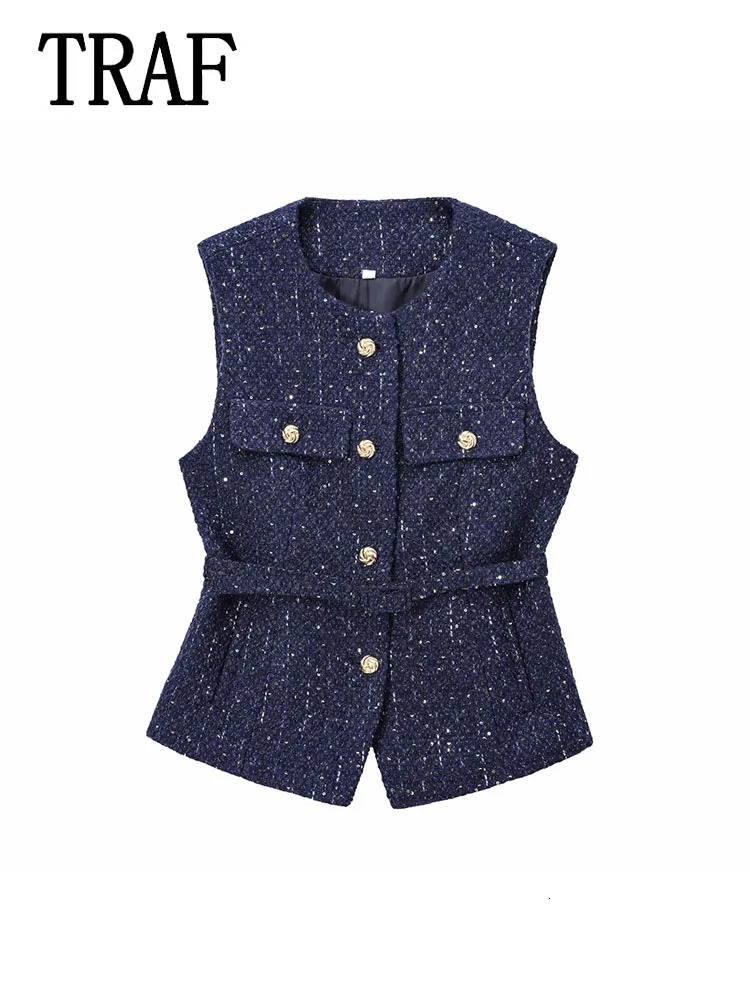 Autumn 2025 vintage casual chic womens top with pure gold buttons Oneck short sleeved vest fashion 250506