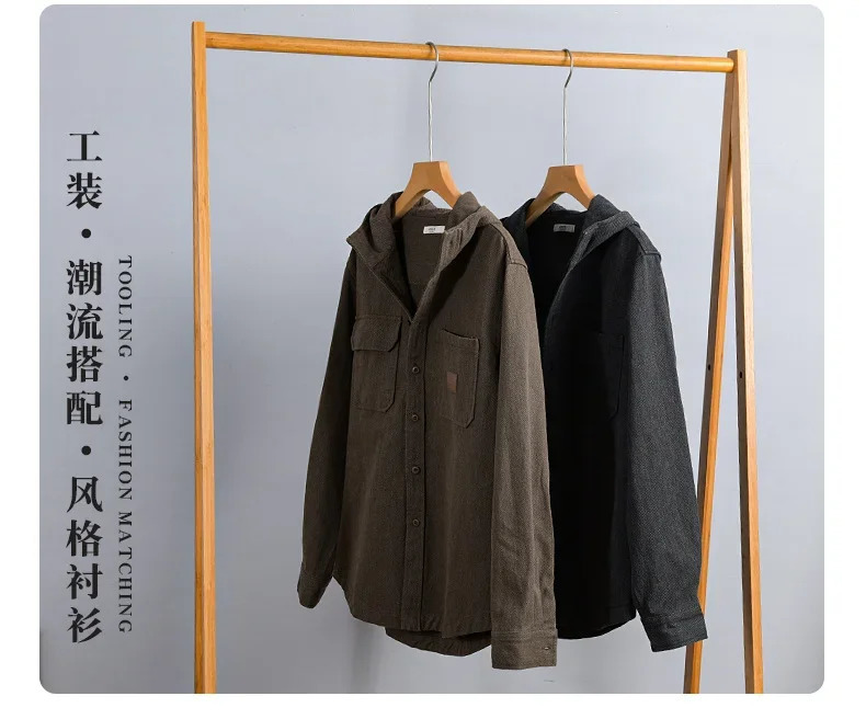 Autumn mens long sleeved streetwear youth hooded merchandise shirt double pocket casual black American retro 250506Z