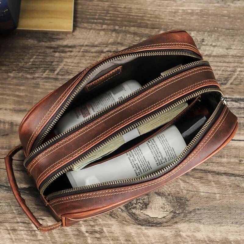 Crazy Horse Genuine Travel Makeup Bag Men's Vintage Leather Cosmetic Cases Brand Washing Storage Toiletry Bags