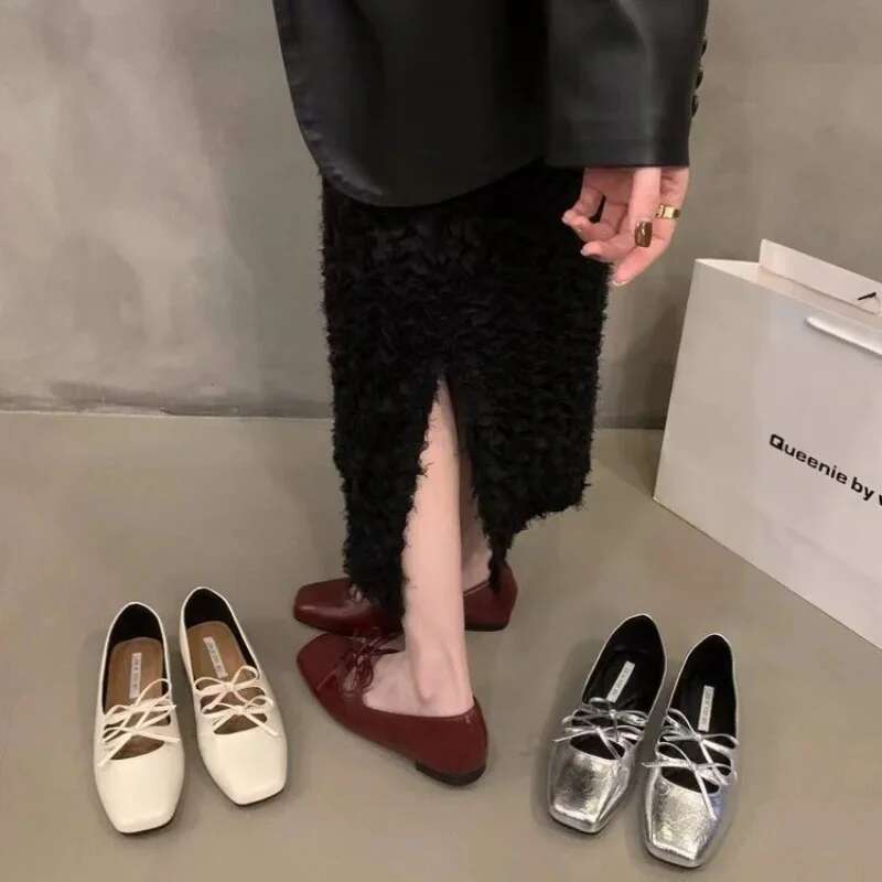 Lovely Double Bowknot Women Mary Jane New 2024 Spring Summer Square Toe Dress Flat Shoe Ladies Red Soft Sole Shoes