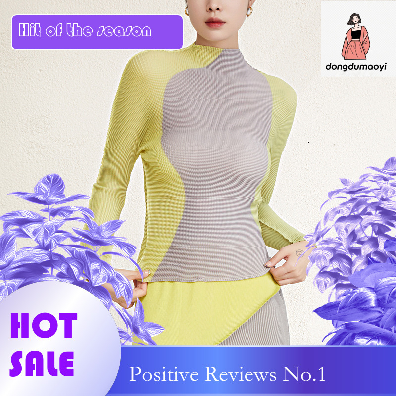 dongdumaoyi High end polo shirt, Miyake stretch T-shirt, light pleated top, women's long sleeved shirt