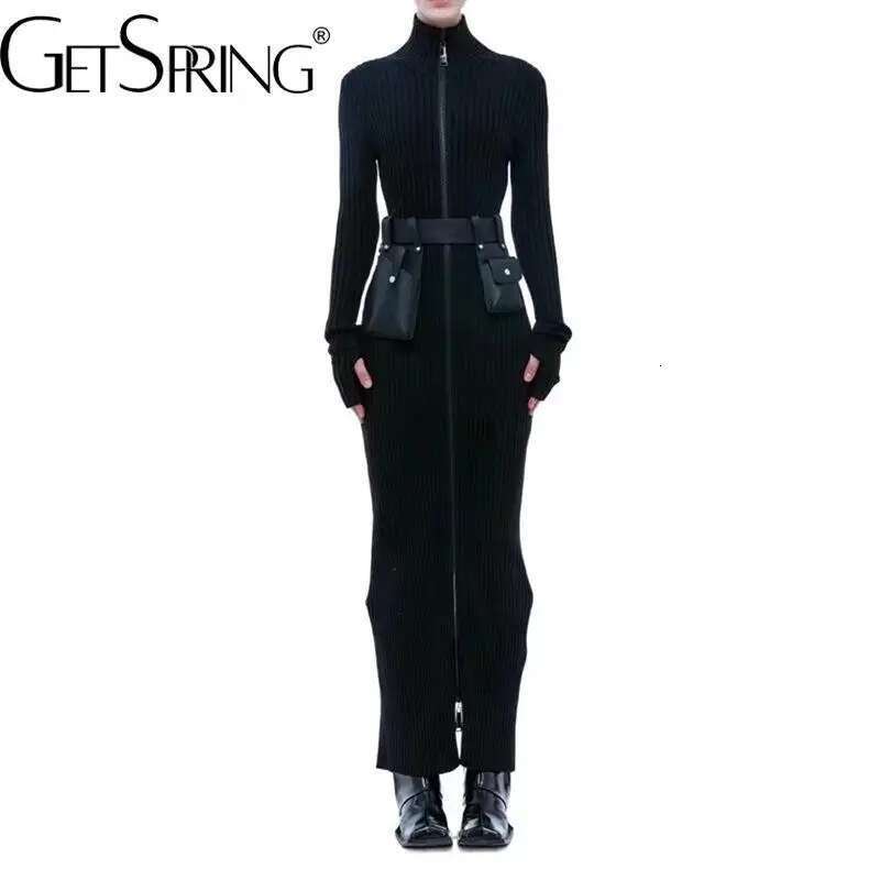 Getspring Women Dress 2024 Autumn Winter New Turtleneck Zipper Pocket Belt Fit Full Sleeve Solid Slim Long Kknitted Dresses
