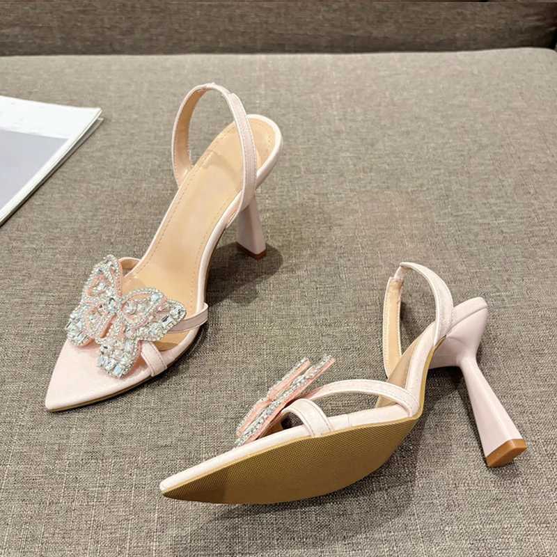 Likes Size 35-41 Sexy Slingback Sandals Women Back Strap High Heels Summer Fashion Crystal Diamond Pointed Toe Wedding Prom Shoe W250514