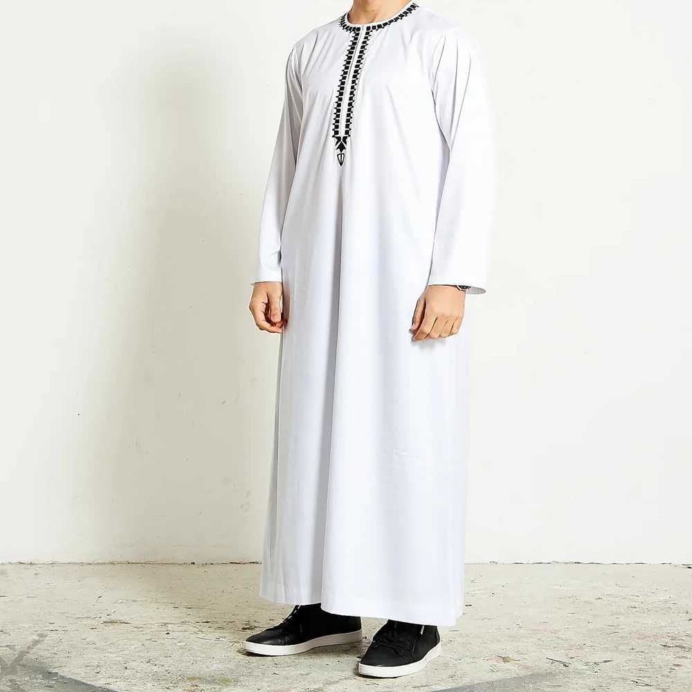 2024 New in Muslim Arabic Men Black Hand Embroidered White Formal Long Sleeve Robe Luxury White Jubba X250514