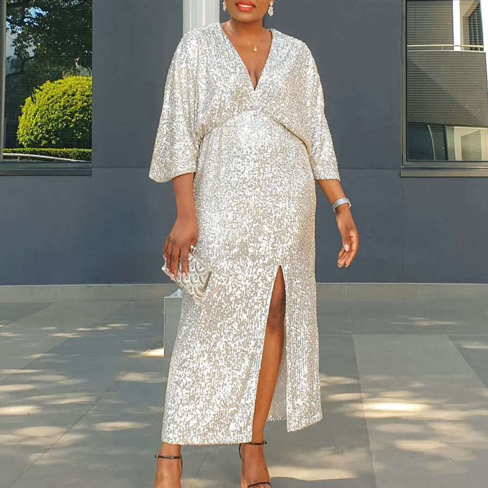 Women's Wear Women's Wear Women's Autumn New Item Loose V-Neck Fashionable Sequin Slit Long Skirt Plus Size Dress