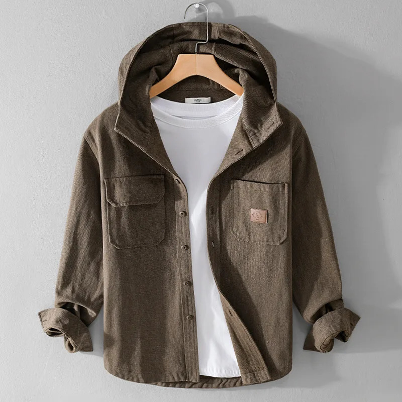 Autumn mens long sleeved streetwear youth hooded merchandise shirt double pocket casual black American retro 250506Z