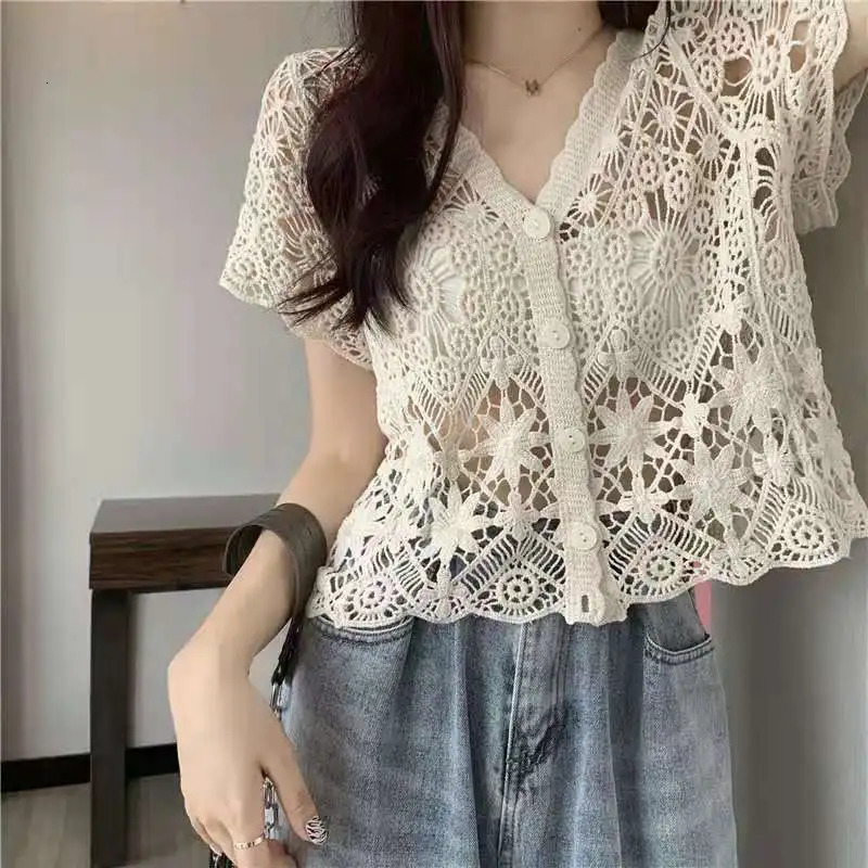 Sheer Crochet Top Button Front VNeck Short Sleeve Openknit y Blouse Women Summer Boho Vacation Outfit 250514