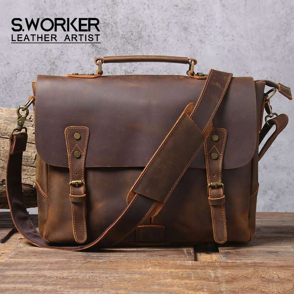 S.WORKER Vintage Genuine Men's Briefcase Laptop Messenger Bag Crazy Horse Leather Handbag Cowhide Retro Casual Style