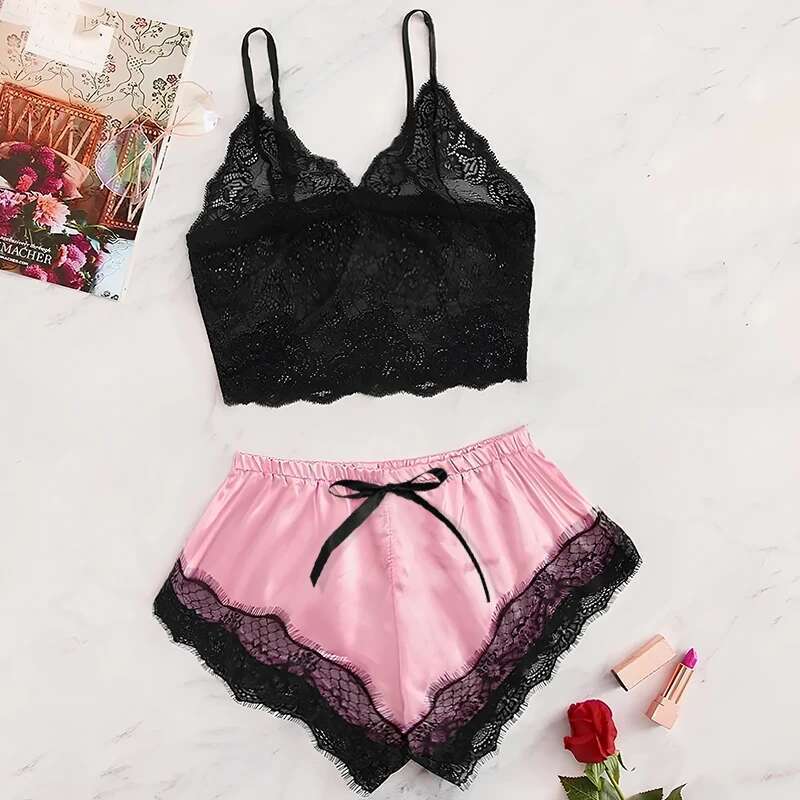 Summer 2 Pcs Women's New Sexy Lace See-Through Pamas Black Pink Cute Clothes Comfortable Breathable Suspender Shorts Set