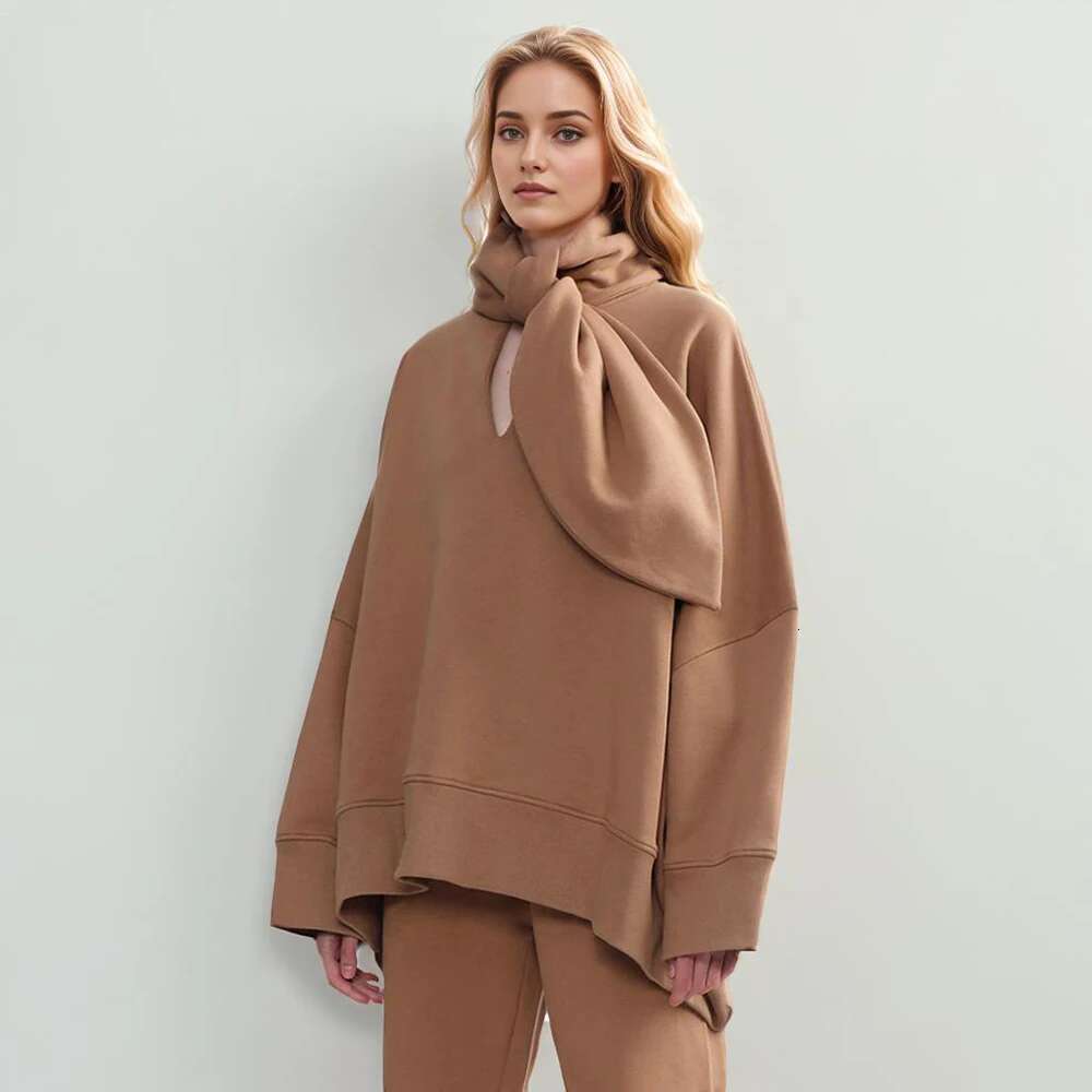 Minimalist Loose Hollow Out Sweatshirt For Women Scarf Collar Long Sleeve Autumn Casual Solid Sweatshirts Female 2024 Designer