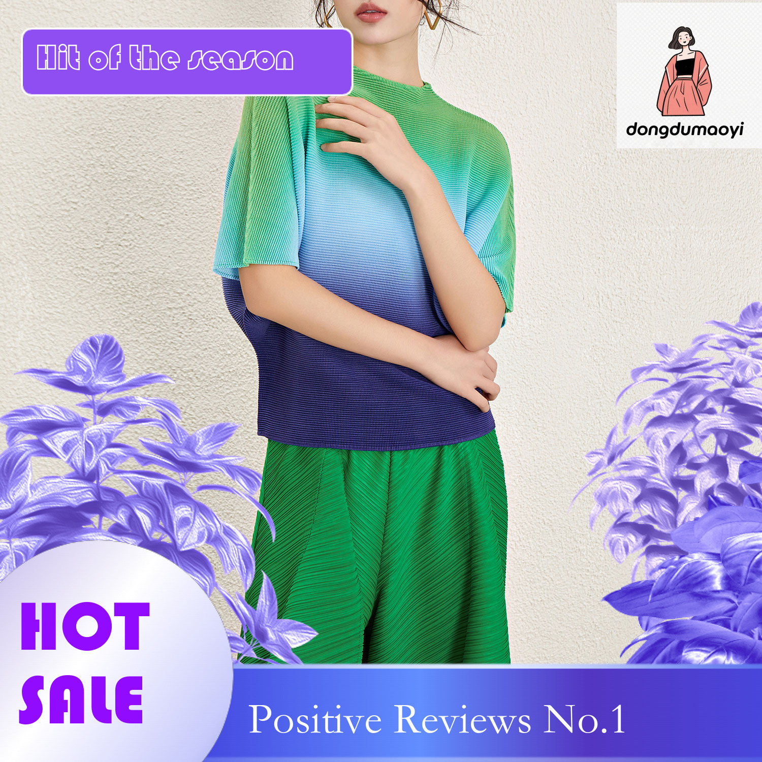 dongdumaoyi European gradient color loose short sleeved T-shirt for women's summer 2024 new Miyake style bat sleeve pleated versatile top