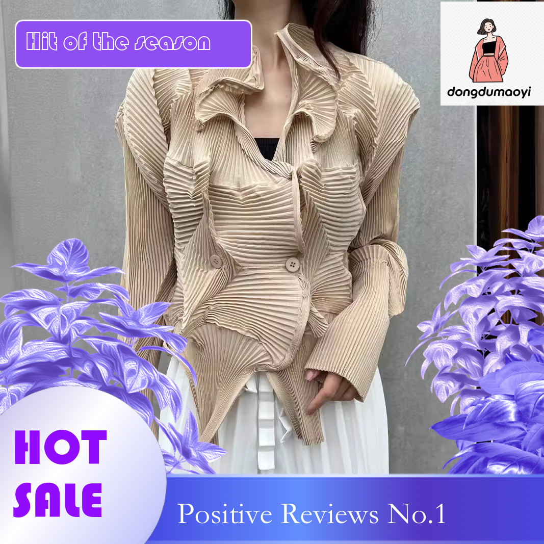 dongdumaoyi Mainline pleated female niche handmade flower bud elegant Miyake short coat cardigan solid color commuting long sleeved shirt