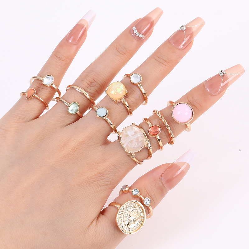 12 pieces of creative personalized jelly colored rings with diamond inlay relief set for women's jewelry