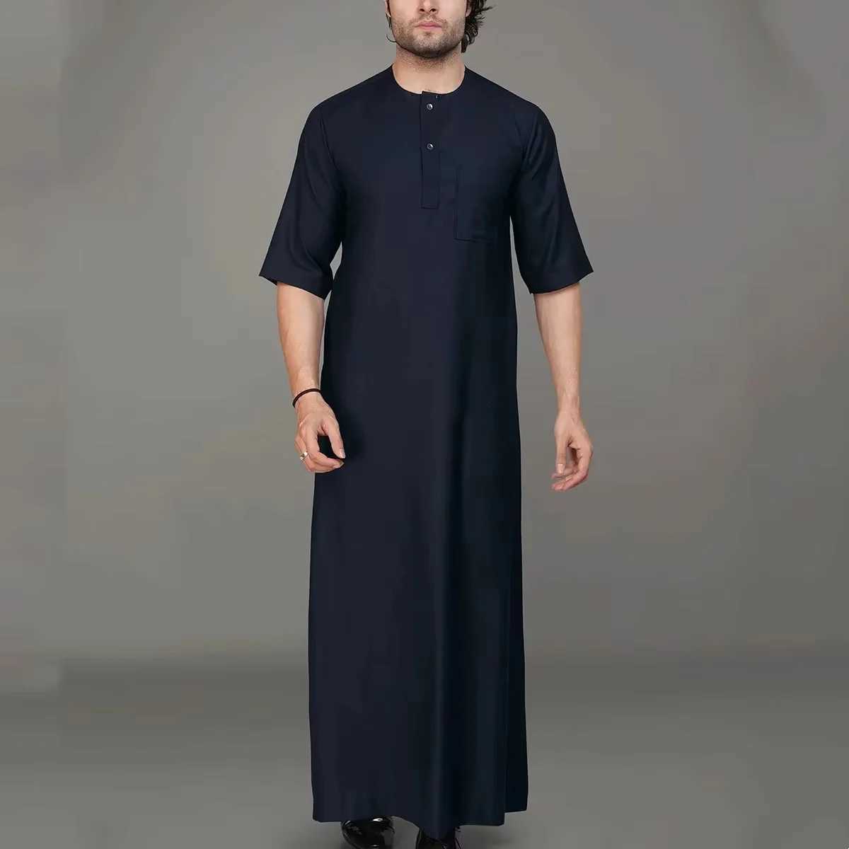 High end Moroccan style mens robe retro dignified solid color robe standing collar short sleeved Muslim daily mens robe X250514