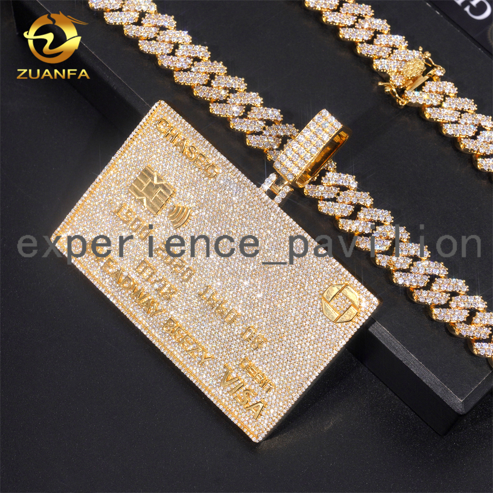Ready to Ship Hot Sale Credit Card Pendant Sterling Silver Gold Plated GRA Certificate Moissanite Pendant Hip Hop Jewelry