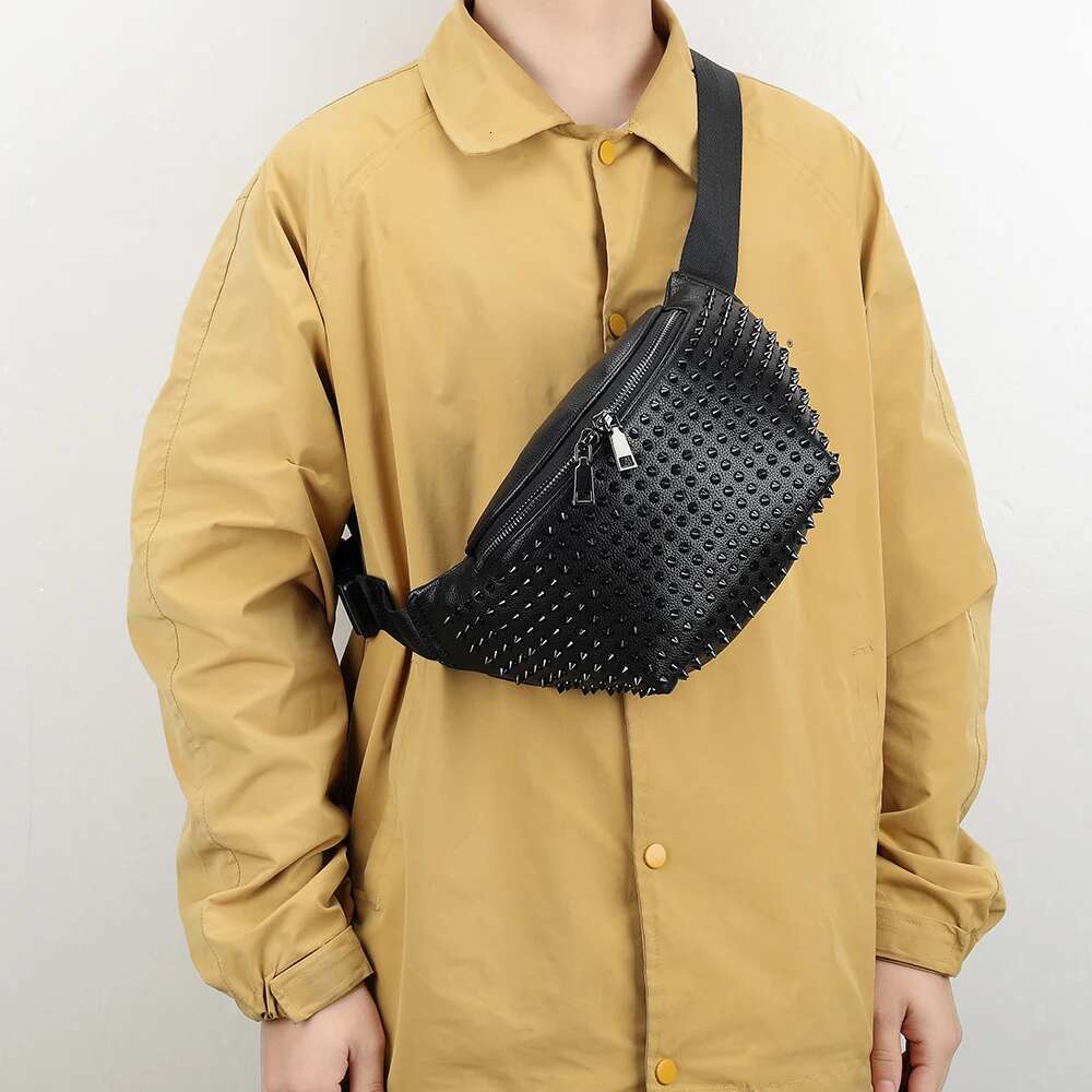 2025 Double Zipper Black PU Leather Fanny Chest Waist Bum Bag For Women*Men