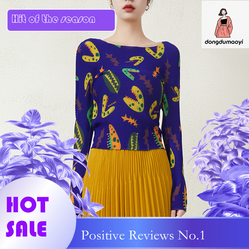 dongdumaoyi Miyake women's round neck long sleeved 2024 early spring pleated new slim fit thin T-shirt base shirt for women