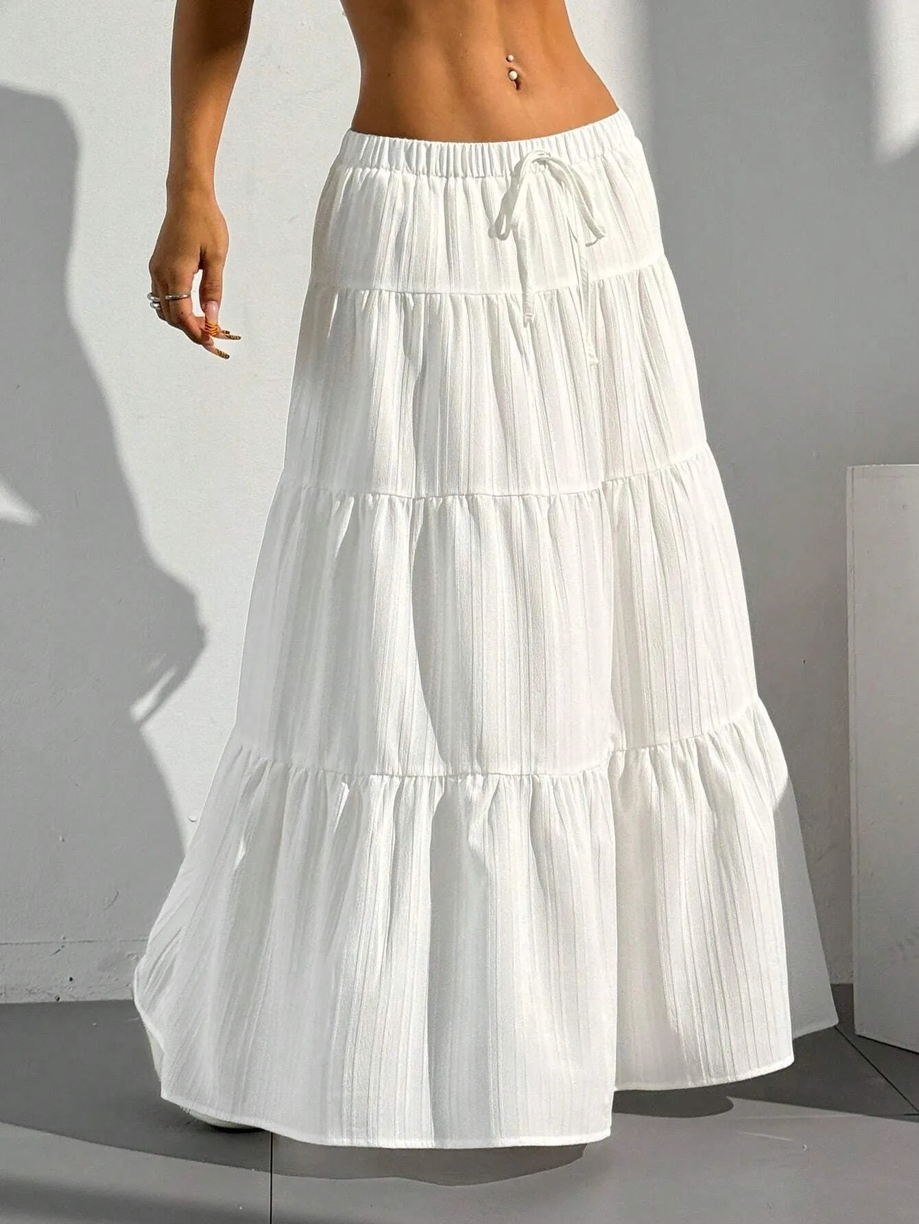 Fashion Women Loose Long Skirts White Solid Basic Lace Up Bow Spring Summer Cake Dress Casual Sweet Office Lady Clothes 250514