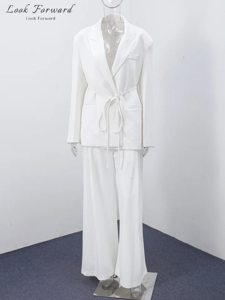Elegant Blazer Pants Sets Women V-neck Lace up Jacket Full Sleeve Wide Leg Trousers Suit Lady Spring Autumn Solid Set Female 250513
