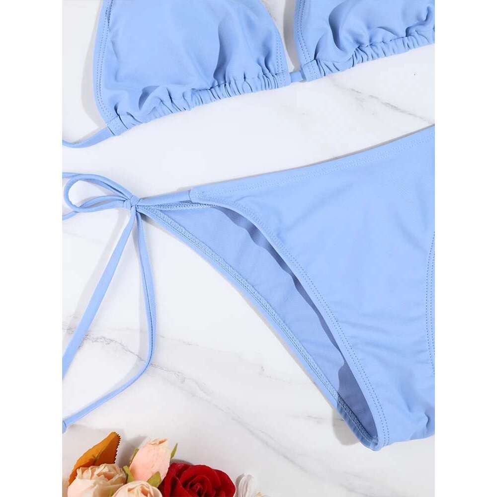 2 Pc Women Beachwear Sexy Ladies Thong Bikini Set Solid Color Swimsuit Side Halter Tie Split Strap Adjustable Brazilian Swimwear 250514