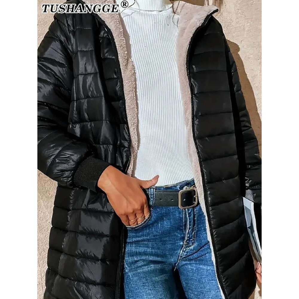 New Mid Length Korean Edition Hooded Fit Women Jackets Autumn Winter Mid-Length Office Cotton Coats Warm Lamb Fleece Parkas Designer