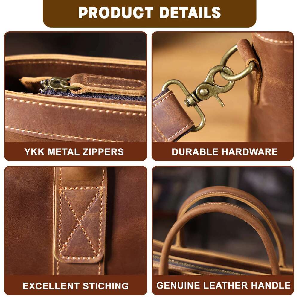 Vintage Genuine Men's Briefcase 16" Laptop Bags Crazy Horse Leather Messenger Handbag Cowhide Idea Gift For Men