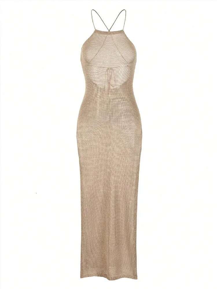 Sexy See Through Knit Backless Lace-Up Split Bodycon Beach Dress 2025 Summer Women Solid Halter Holiday Swimwear Cover-Ups A2797